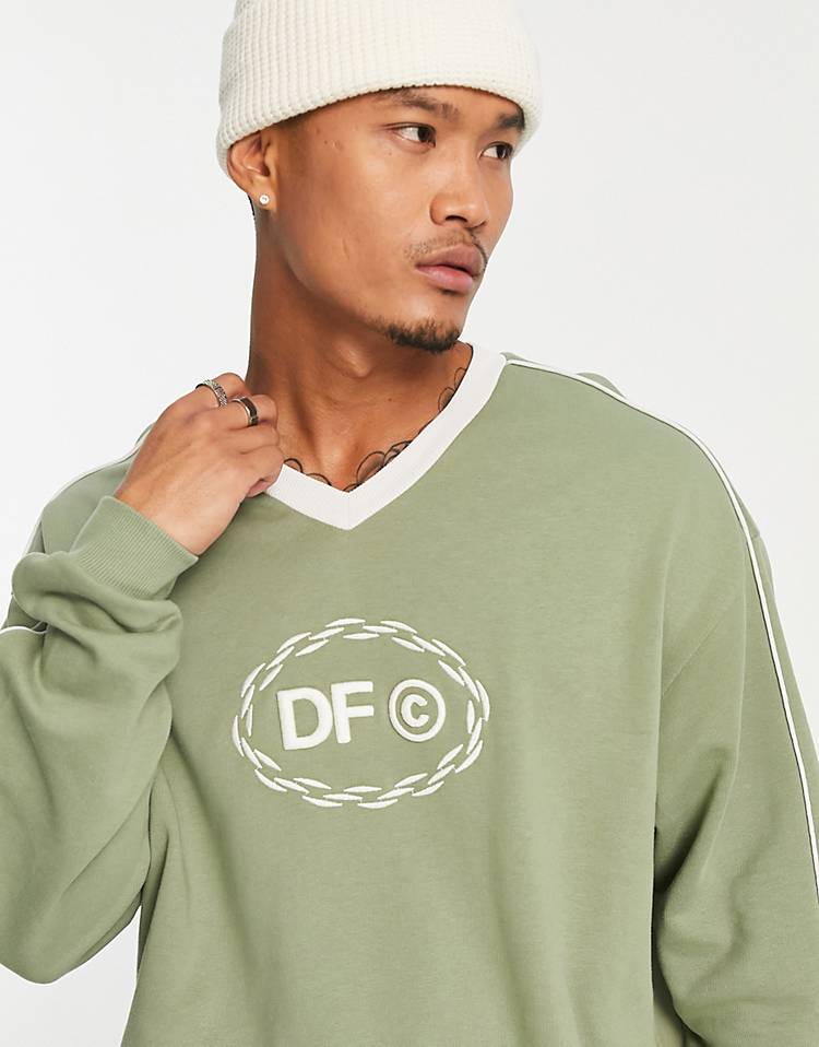 ASOS Dark Future oversized sweatshirt with v-neck and piping in khaki green - part of a set